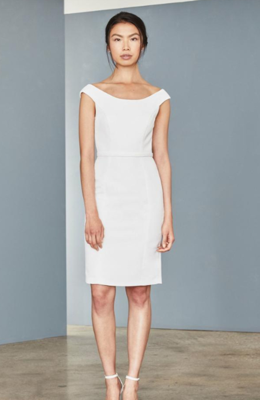 AMSALE Faille Cocktail Dress 18 Silk White Off Shoulder Sheath Knee Length
